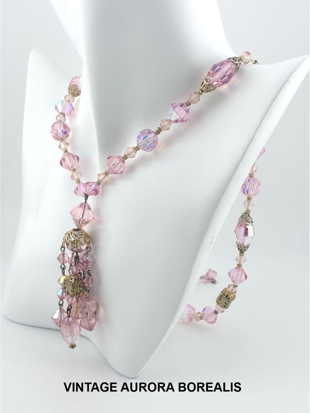 Vintage Aurora Borealis Pink Crystal Bicone Faceted Bead Tassel Necklace 25"